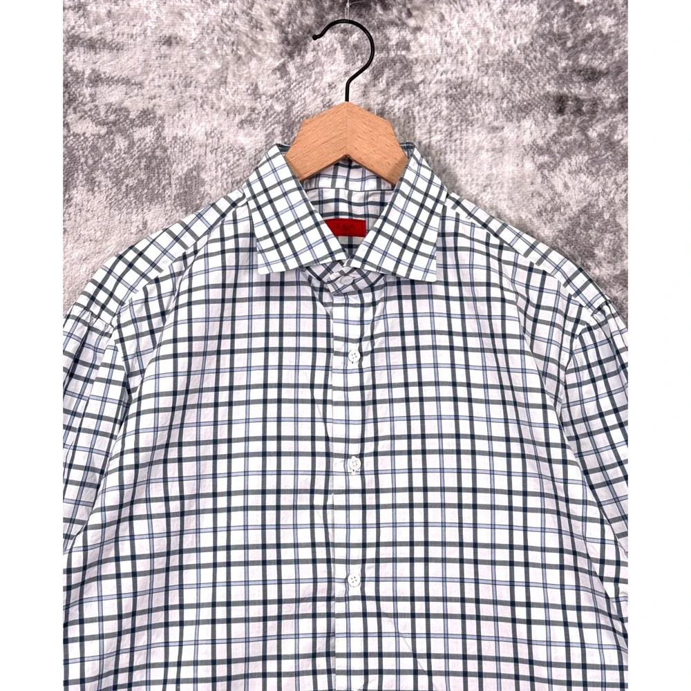 ISAIA Dress Shirt 17 / 43 Mens White & Gray Windowpane Check